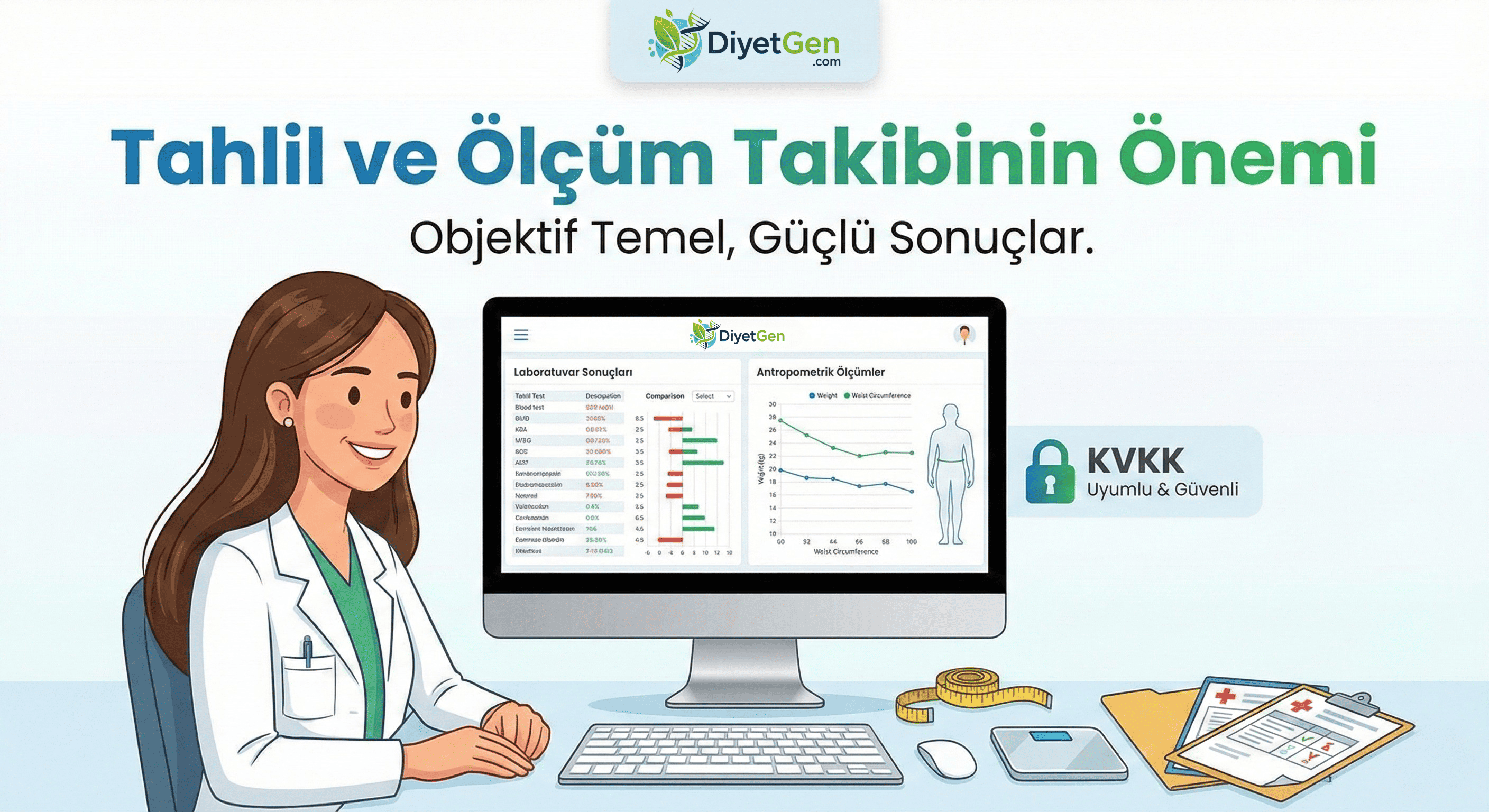 Tahlil ve antropometrik ölçüm takibi: laboratuvar sonuçları ve danışan sağlık verileri takibi.
